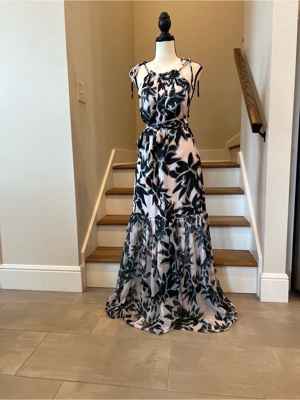 Tie-Shoulder Floral Maxi Dress in Blush and Black